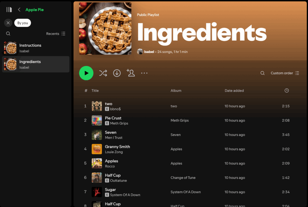 This image shows the Spotify folder and playlists that I created in order to complete this project. The featured playlist is titled "Ingredients" and showcases the ingredients to make an apple pie using song titles from other artists.
