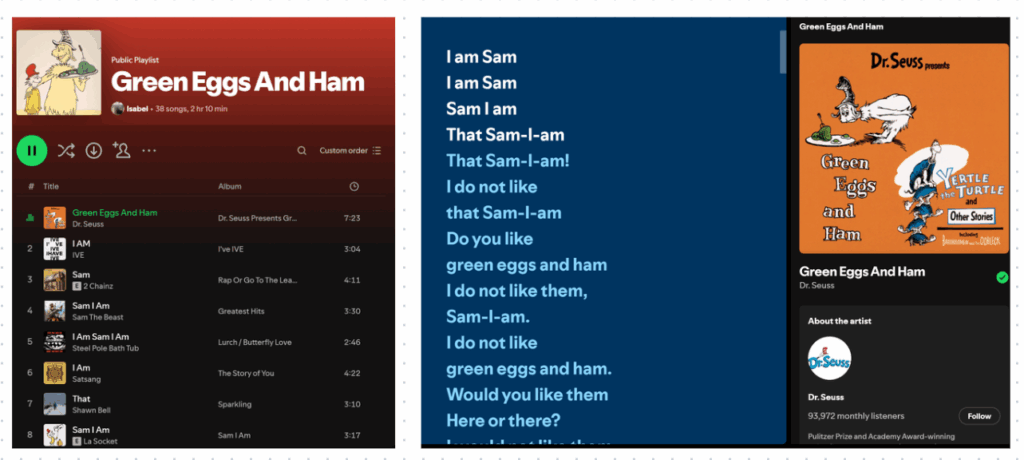 On the lefthand side of the image is a Spotify playlist using song titles to write out the story for Dr, Seuss' "Green Eggs and Ham". On the righthand side is the lyrics tab showcasing the sentences that make up the story of "Green Eggs & Ham," showcasing the lyrics tab feature that already exists on Spotify's software.
