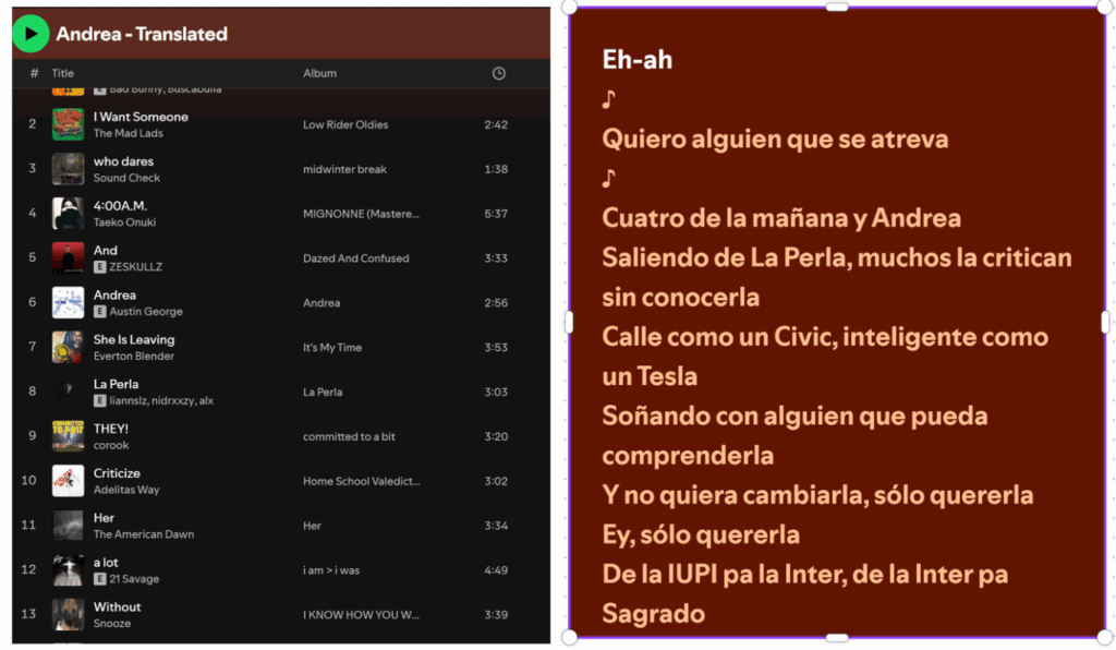 This image showcases my final product. On the lefthand side is the Spotify playlist that I created containing the translated lyrics to Bad Bunny's "Andrea" & on the righthand side are the lyrics in their original language as is offered by Spotify.