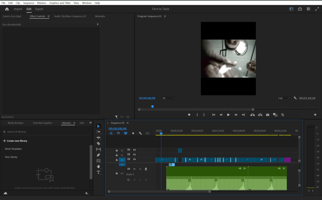 This image shows the editing screen on Adobe Premiere Pro. In the editing screen is my in progress work on my video that I was creating for this project, audio and video files together as well as the viewing screen in the top right portion of the screen.